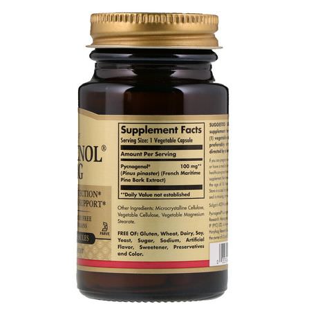 Pyknogenol, Tallbarksextrakt, Antioxidanter, Kosttillskott: Solgar, Pycnogenol, 100 mg, 30 Vegetable Capsules