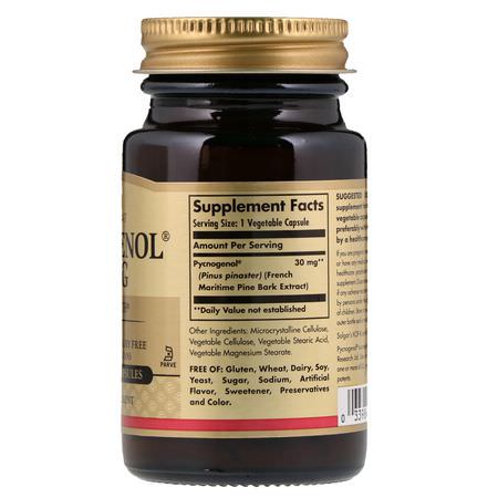 Pyknogenol, Extrakt Av Tallbark, Antioxidanter, Kosttillskott: Solgar, Pycnogenol, 30 mg, 30 Vegetable Capsules