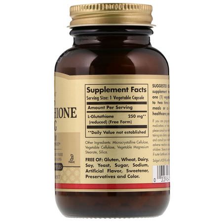 L-Glutathione, Antioxidants, Supplements: Solgar, Reduced L-Glutathione, 250 mg, 60 Vegetable Capsules