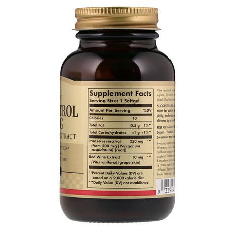 Resveratrol, Antioxidanter, Kosttillskott: Solgar, Resveratrol, 250 mg, 30 Softgels