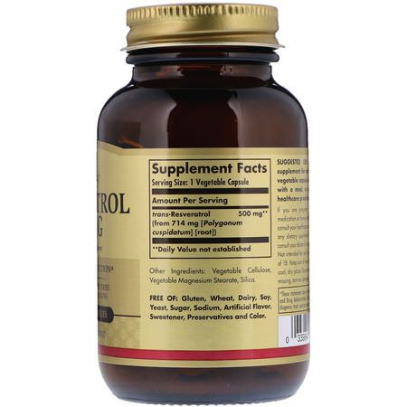 Resveratrol, Antioxidanter, Kosttillskott: Solgar, Resveratrol, 500 mg, 30 Vegetable Capsules