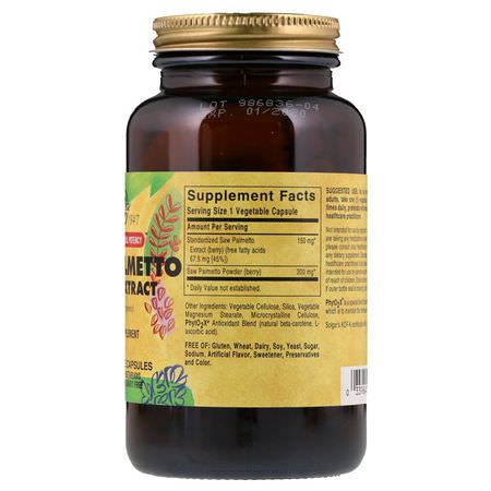 Sågpalmetto, Homeopati, Örter: Solgar, Saw Palmetto Berry Extract, 180 Vegetable Capsules