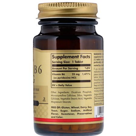B6 Pyridoxine, Vitamin B, Vitaminer, Kosttillskott: Solgar, Vitamin B6, 25 mg, 100 Tablets