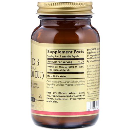 D3 Cholecalciferol, D-Vitamin, Vitaminer, Kosttillskott: Solgar, Vitamin D3 (Cholecalciferol), 125 mcg (5000 IU), 120 Vegetable Capsules