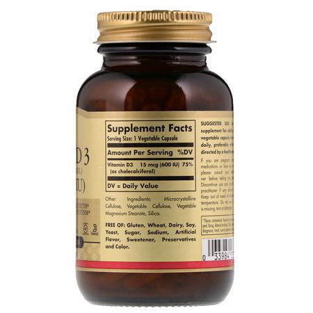 D3 Cholecalciferol, D-Vitamin, Vitaminer, Kosttillskott: Solgar, Vitamin D3 (Cholecalciferol), 15 mcg (600 IU), 120 Vegetable Capsules