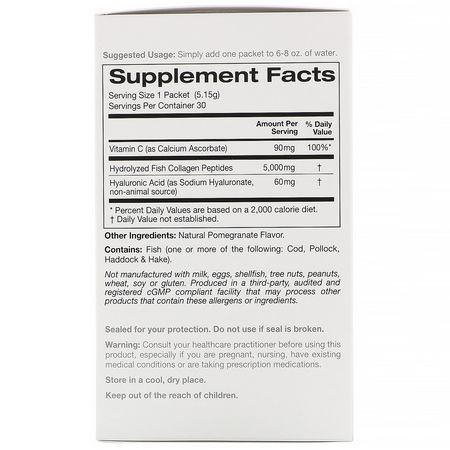 Kollagentillskott, Fog, Ben, Kosttillskott: Solumeve, Collagen Peptides Plus Vitamin C & Hyaluronic Acid, Pomegranate, 30 Packets, 0.18 oz (5.15 g) Each