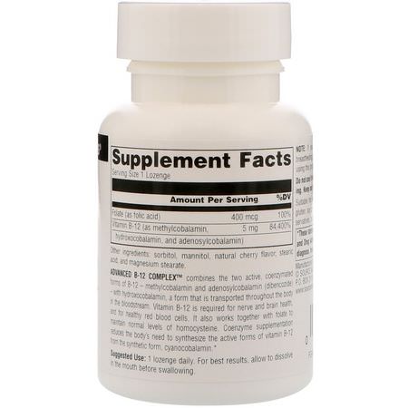 Vitamin B, Vitaminer, Kosttillskott: Source Naturals, Advanced B-12 Complex, 5 mg, 60 Lozenges
