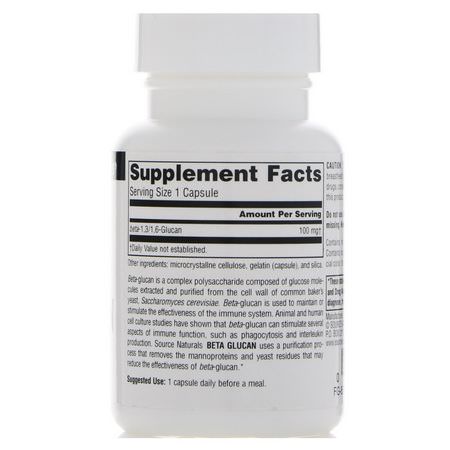 Beta Glucan, Fiber, Matsmältning, Kosttillskott: Source Naturals, Beta Glucan, 100 mg, 30 Capsules