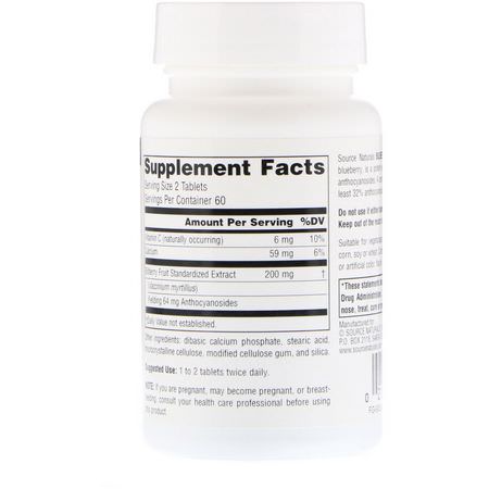 Blåbär, Homeopati, Örter: Source Naturals, Bilberry Extract, 100 mg, 120 Tablets