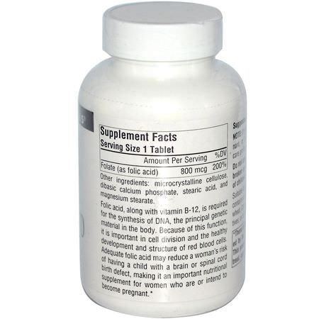 Folsyra, Vitamin B, Vitaminer, Kosttillskott: Source Naturals, Folic Acid, 800 mcg, 500 Tablets