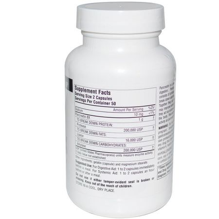 Pankreatin, Matsmältning, Kosttillskott: Source Naturals, Pancreatin 8X, 500 mg, 100 Capsules