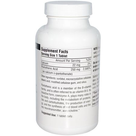Vitamin B, Vitaminer, Kosttillskott: Source Naturals, Pantothenic Acid, 250 mg, 250 Tablets