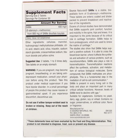 Tosylat, Sam-E, Kosttillskott: Source Naturals, SAM-e (S-Adenosyl-L-Methionine), 200 mg, 60 Enteric Coated Tablets
