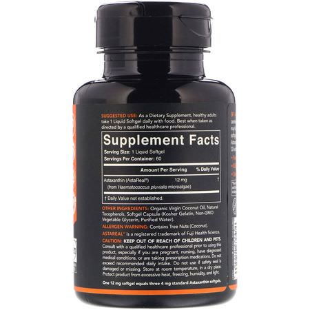 Astaxanthin, Antioxidanter, Kosttillskott, Sporttillskott: Sports Research, Astaxanthin Made With Coconut Oil, Triple Strength, 12 mg, 60 Softgels