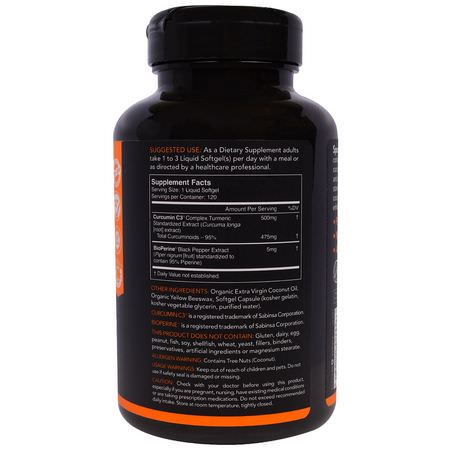 Curcumin, Gurkmeja, Antioxidanter, Kosttillskott: Sports Research, Turmeric Curcumin, C3 Complex, 500 mg, 120 Softgels
