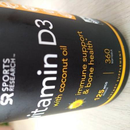 Sports Research, Vitamin D3 with Coconut Oil, 125 mcg (5000 IU), 360 Softgels