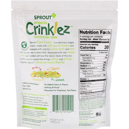 Fingermat, Barer, Mellanmål, Barnmatning: Sprout Organic, Crinklez, Popped Veggie Snack, Cheesy Spinach, 1.48 oz (42 g)