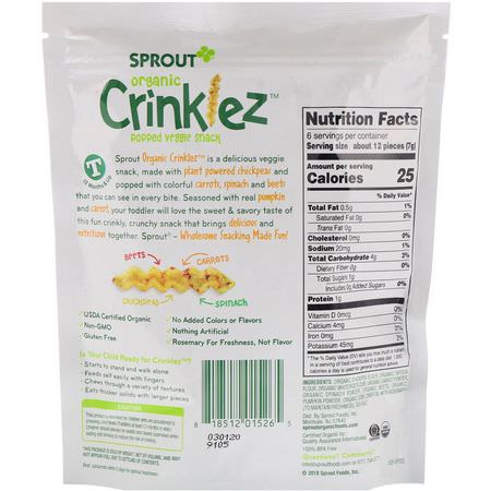 Fingermat, Barer, Mellanmål, Barnmatning: Sprout Organic, Crinklez, Popped Veggie Snack, Pumpkin Carrot, 1.48 oz (42 g)
