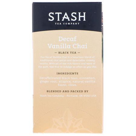 Svart Te, Chai Tea: Stash Tea, Black Tea, Decaf Vanilla Chai, 18 Tea Bags, 1.2 oz (36 g)
