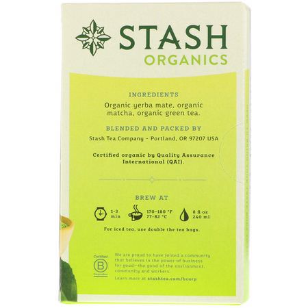 Grönt Te: Stash Tea, Green Tea, Organic Matcha Mate, 18 Tea Bags, 1.2 oz (36 g)