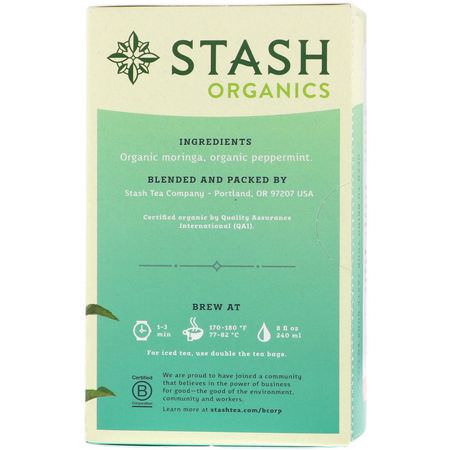 Örtte: Stash Tea, Herbal Tea, Organic Moringa Mint, Caffeine-Free, 18 Tea Bags, 0.8 oz (23 g)