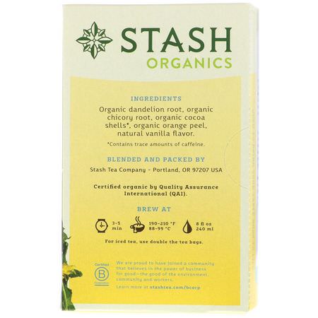 Örtte, Maskroste: Stash Tea, Herbal Tea, Organic Sunny Dandelion Root, 18 Tea Bags, 1.0 oz (30 g)