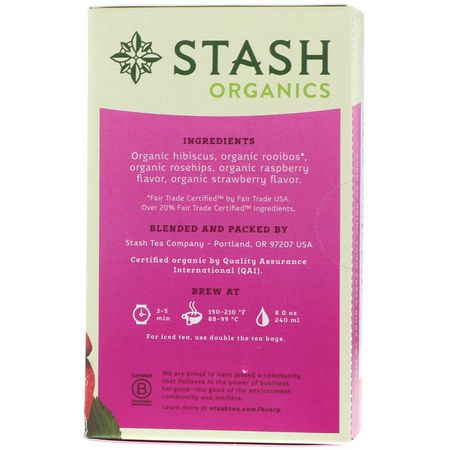 Fruktte, Örtte Te: Stash Tea, Herbal Tea, Organic Very Berry, Caffeine Free, 18 Tea Bags, 1.2 oz (36 g)