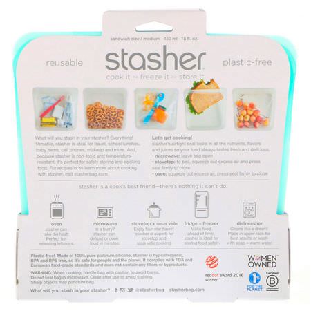 Containers, Food Storage, Housewares, Home: Stasher, Reusable Silicone Food Bag, Sandwich Size Medium, Aqua, 15 fl oz (450 ml)