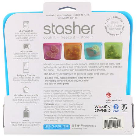 Containers, Food Storage, Housewares, Home: Stasher, Reusable Silicone Food Bag, Sandwich Size Medium, Blueberry, 15 fl oz (450 ml)