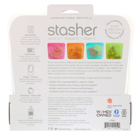 Containers, Food Storage, Housewares, Home: Stasher, Reusable Silicone Food Bag, Sandwich Size Medium, Clear, 15 fl oz (450 ml)