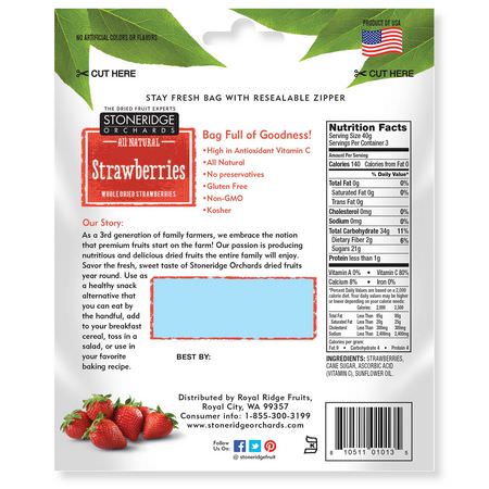 Vegetabiliska Mellanmål, Jordgubbar, Superfood: Stoneridge Orchards, Strawberries, Whole Dried Strawberries, 4 oz (113 g)