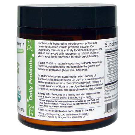 Probiotika, Matsmältning, Kosttillskott: Sunbiotics, Potent Probiotics with Organic Prebiotics Powder, Vanilla, 2 oz (57 g)
