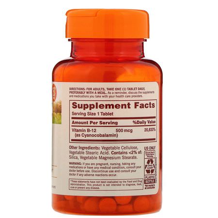 B12, Vitamin B, Vitaminer, Kosttillskott: Sundown Naturals, B-12, 500 mcg, 200 Tablets