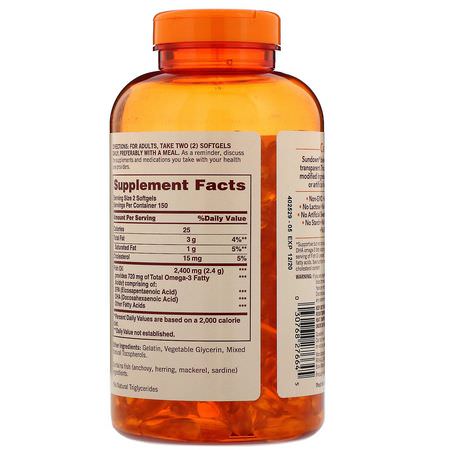 Omega-3 Fiskolja, Omegas Epa Dha, Fiskolja, Kosttillskott: Sundown Naturals, Fish Oil, 1,200 mg, 300 Softgels