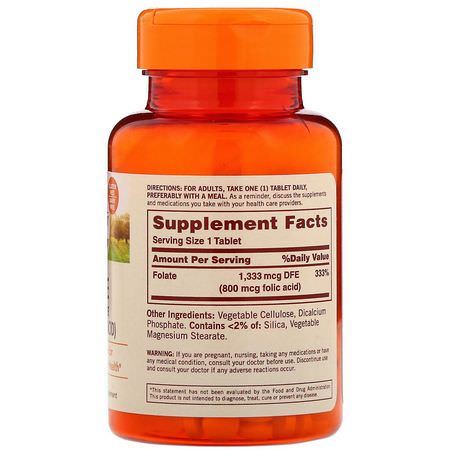 Folsyra, Vitamin B, Vitaminer, Kosttillskott: Sundown Naturals, Folate, 1,333 mcg DFE, 100 Tablets