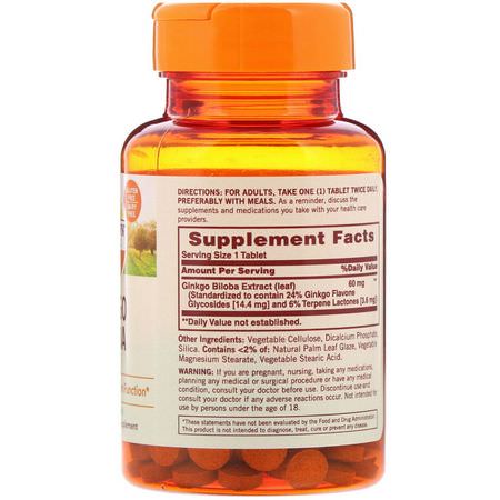 Ginkgo Biloba, Homeopati, Örter: Sundown Naturals, Ginkgo Biloba, 60 mg, 100 Tablets