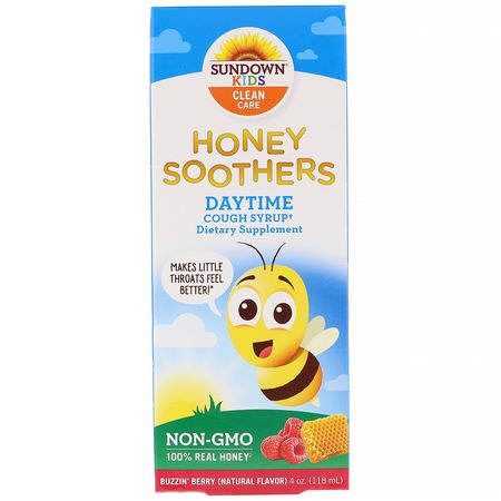 Förkylning, Kosttillskott, Hosta, Influensa: Sundown Naturals Kids, Honey Soothers, Daytime Cough Syrup, Buzzin' Berry, 4 oz (118 ml)