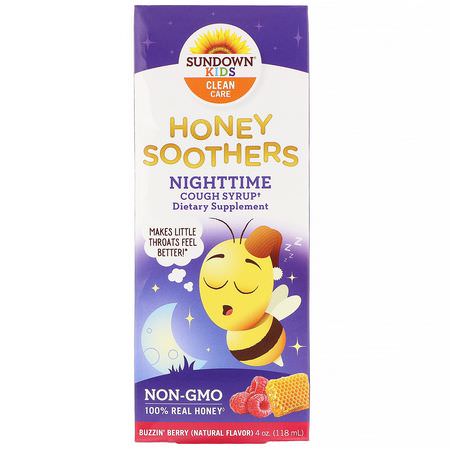 Förkylning, Kosttillskott, Hosta, Influensa: Sundown Naturals Kids, Honey Soothers, Nighttime Cough Syryp, Buzzin' Berry, 4 oz (118 ml)