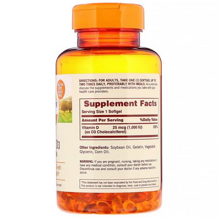 D3 Cholecalciferol, D-Vitamin, Vitaminer, Kosttillskott: Sundown Naturals, Vitamin D3, 25 mcg (1,000 IU), 400 Softgels