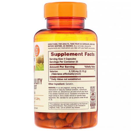Valerian, Homeopati, Örter: Sundown Naturals, True Tranquility, Valerian Root, 530 mg, 100 Capsules