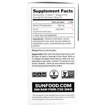 Superoxide Dismutase Sod, Antioxidanter, Kosttillskott: Sunfood, Ocean's Alive 2.0 Marine Phytoplankton, 1 fl oz (30 ml)