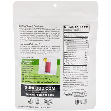 Acai, Superfoods, Green, Supplements: Sunfood, Organic Acai Powder, 8 oz (227 g)