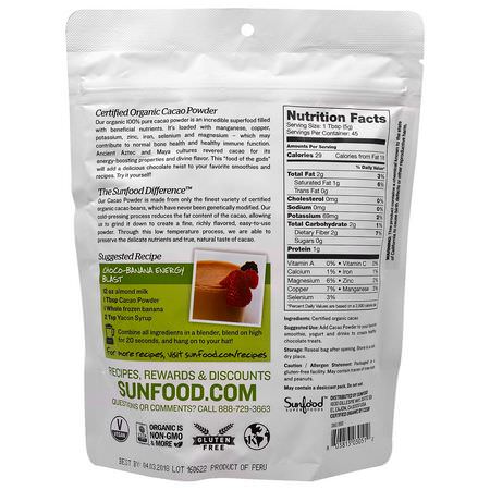 Cacao, Superfoods, Green, Supplements: Sunfood, Organic Cacao Powder, 8 oz (227 g)