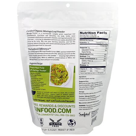 Moringa, Superfoods, Green, Supplements: Sunfood, Organic Moringa Powder, 8 oz (227 g)