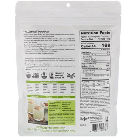 Växtbaserat, Växtbaserat Protein, Sportnäring: Sunfood, Protein + Superfoods, Organic Super Shake, Vanilla, 8 oz (227 g)
