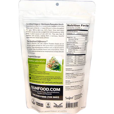 Pepitas, Pumpafrön, Nötter: Sunfood, Raw Organic Heirloom Pumpkin Seeds, 8 oz (227 g)
