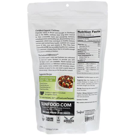 Cashewnötter, Frön, Nötter: Sunfood, Raw Organic Whole Cashews, 1 lb (454 g)