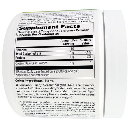 Grönkål, Superfoods, Gröna, Kosttillskott: Sunny Green, Organic Kale Leaf Powder, 4.25 oz (120 g)