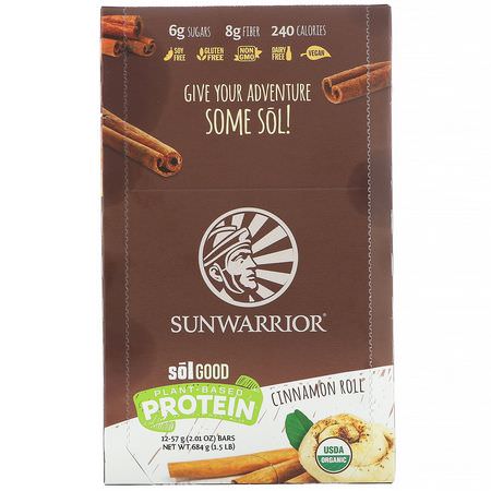 Växtbaserade Proteinbarer, Proteinbarer, Brownies, Kakor: Sunwarrior, Sol Good, Plant-Based Protein Bars, Cinnamon Roll, 12 Bars, 2.01 oz (57 g) Each