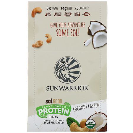 Växtbaserade Proteinbarer, Proteinbarer, Brownies, Kakor: Sunwarrior, Sol Good, Plant-Based Protein Bars, Coconut Cashew, 12 Bars, 2.11 oz (60 g) Each